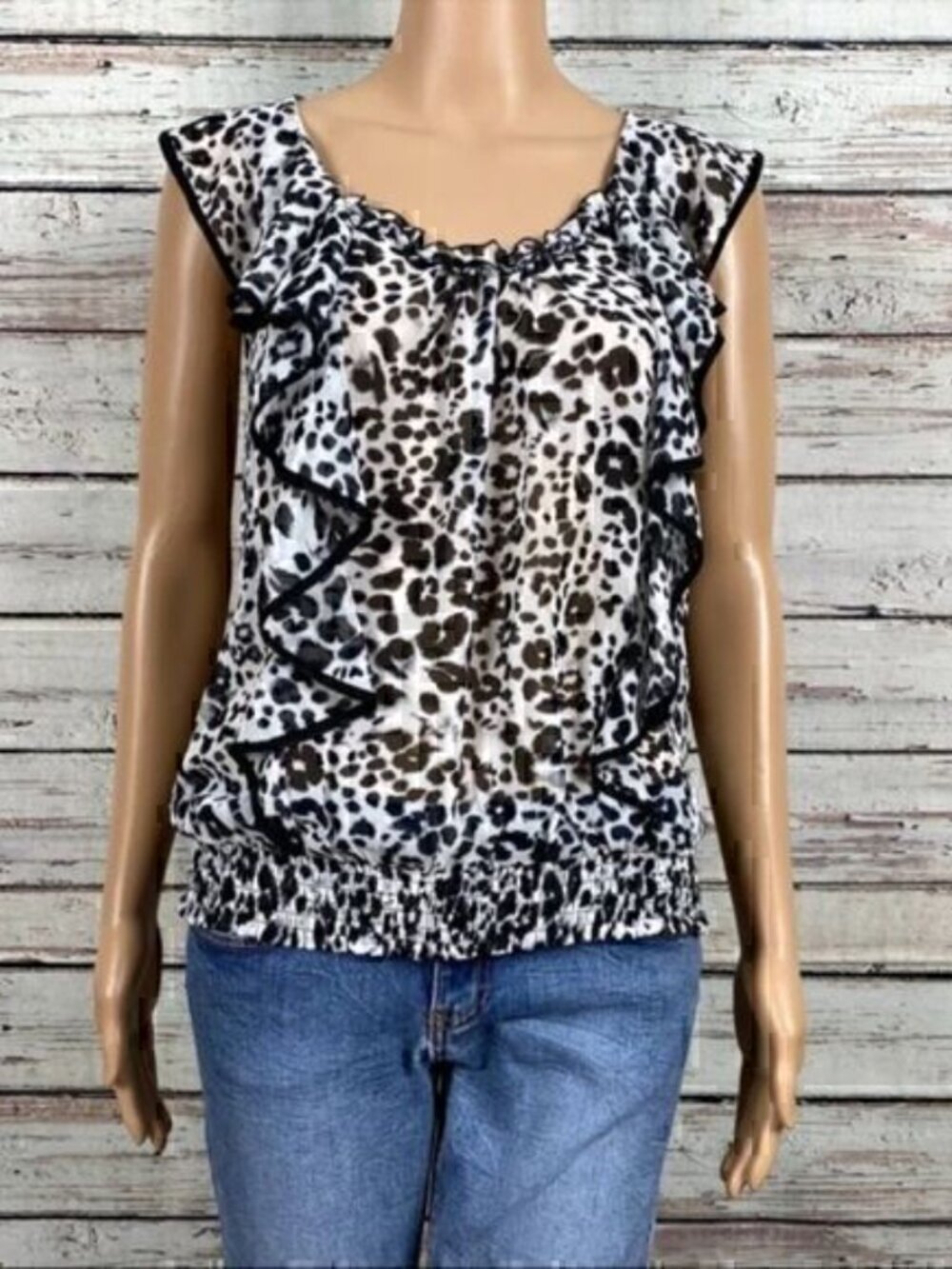 Express Womens Sleeveless Animal Print Ruffled Crewneck Blouse Size XS